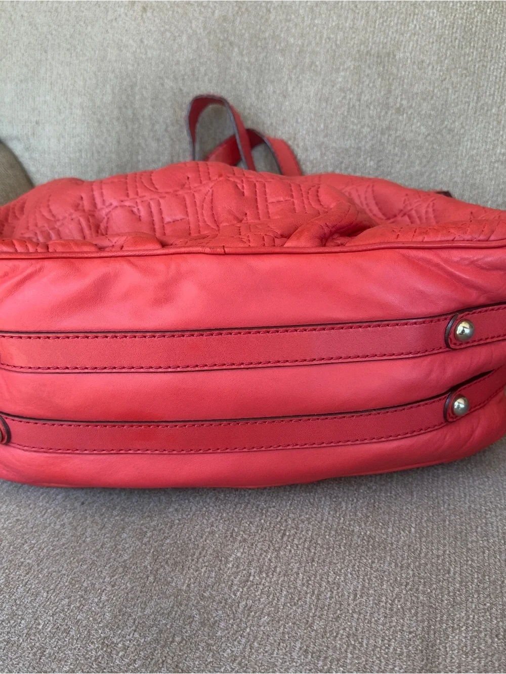 🔥 CH Carolina Herrera Red Leather Andy Monogram Satchel Bag Spain